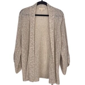 Eileen Fisher Cardigan Women Size M Beige Linen Blend Knit Open Front Sweater